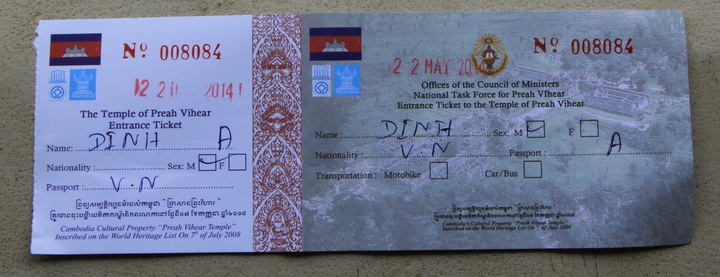 Ticket to Preah Vihear temple, Cambodia